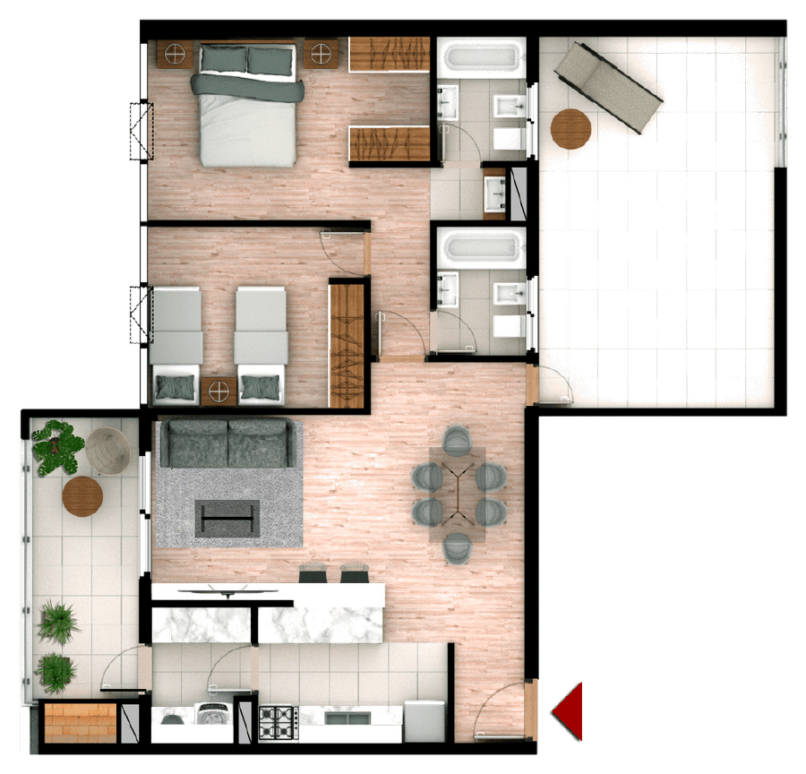 Plano de la tipología 2 Dormitorios + Patio